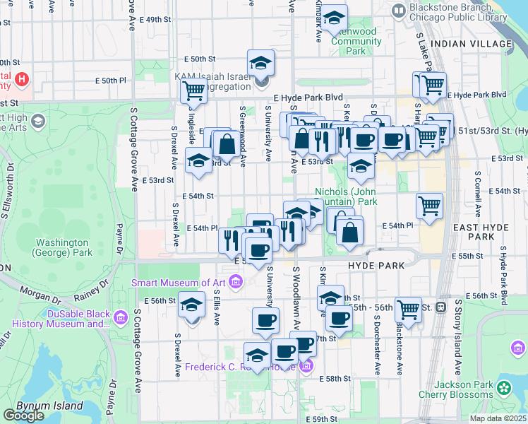 map of restaurants, bars, coffee shops, grocery stores, and more near 5410 South University Avenue in Chicago