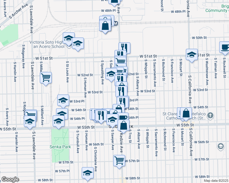 map of restaurants, bars, coffee shops, grocery stores, and more near 5259 South Sawyer Avenue in Chicago