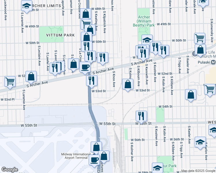 map of restaurants, bars, coffee shops, grocery stores, and more near 5240 South Knox Avenue in Chicago