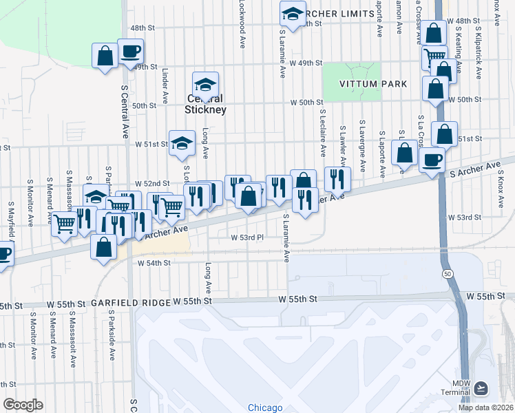 map of restaurants, bars, coffee shops, grocery stores, and more near 5225 South Lockwood Avenue in Chicago