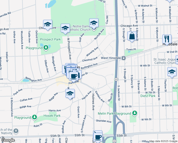 map of restaurants, bars, coffee shops, grocery stores, and more near 124 Byrd Court in Clarendon Hills