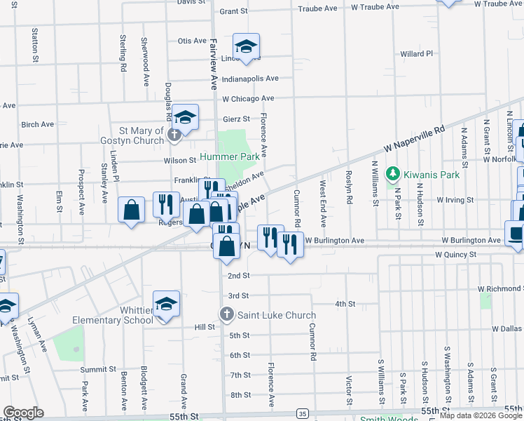 map of restaurants, bars, coffee shops, grocery stores, and more near 4937 Florence Avenue in Downers Grove