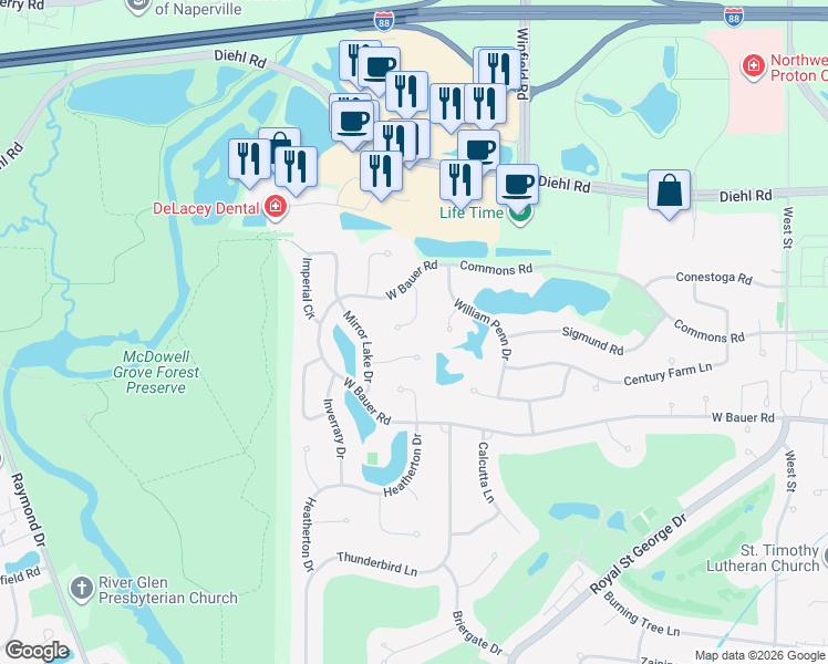 map of restaurants, bars, coffee shops, grocery stores, and more near 1620 Fox Bend Court in Naperville
