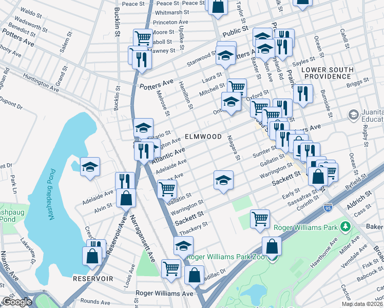 map of restaurants, bars, coffee shops, grocery stores, and more near 161 Adelaide Avenue in Providence