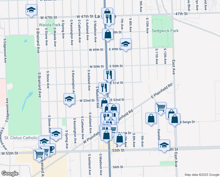 map of restaurants, bars, coffee shops, grocery stores, and more near 907 South La Grange Road in La Grange