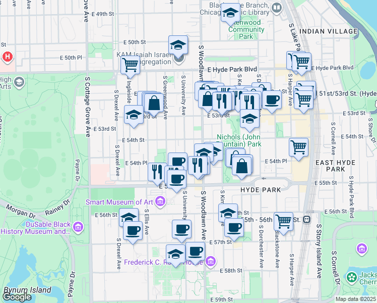 map of restaurants, bars, coffee shops, grocery stores, and more near 5427 South University Avenue in Chicago