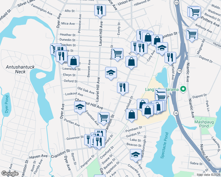 map of restaurants, bars, coffee shops, grocery stores, and more near 70 Oxford Street in Cranston