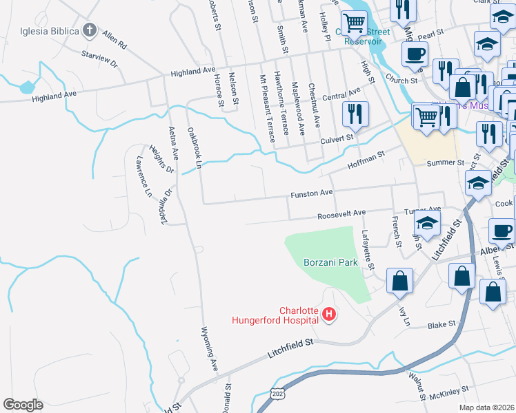 map of restaurants, bars, coffee shops, grocery stores, and more near 388 Funston Avenue in Torrington