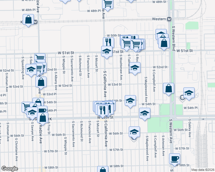 map of restaurants, bars, coffee shops, grocery stores, and more near 5258 South Fairfield Avenue in Chicago