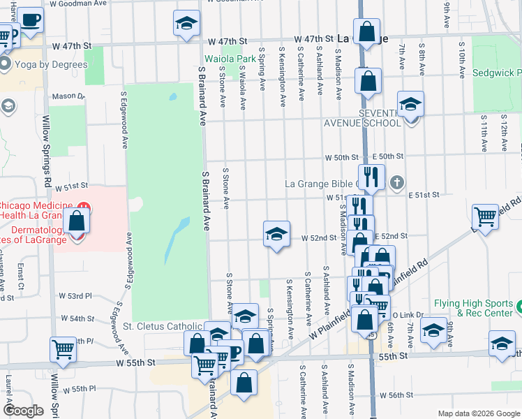 map of restaurants, bars, coffee shops, grocery stores, and more near 901 South Waiola Avenue in La Grange
