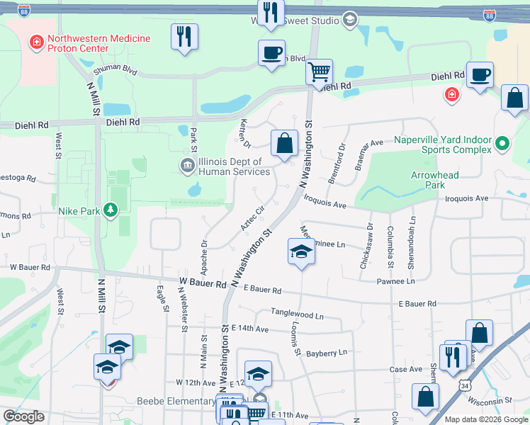 map of restaurants, bars, coffee shops, grocery stores, and more near in Naperville
