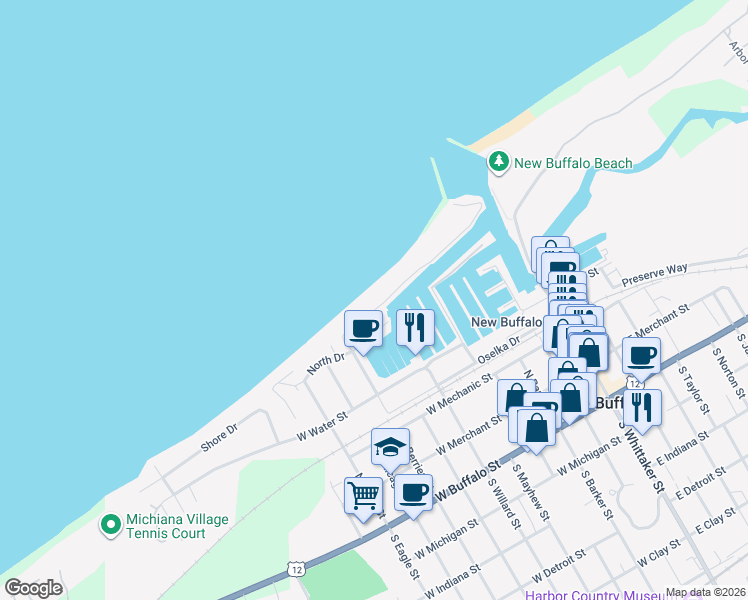 map of restaurants, bars, coffee shops, grocery stores, and more near 512 Lake Dr in New Buffalo