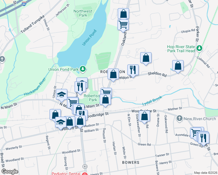map of restaurants, bars, coffee shops, grocery stores, and more near 107 Oakland Street in Manchester