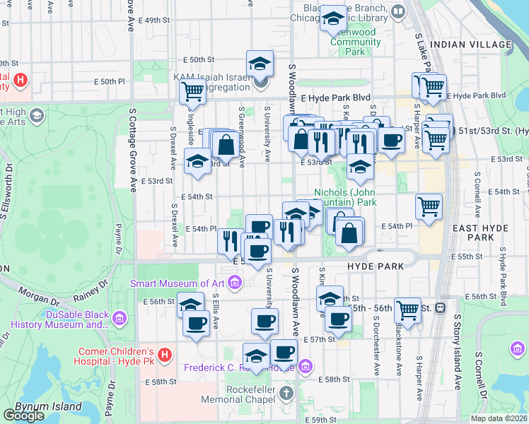 map of restaurants, bars, coffee shops, grocery stores, and more near 5410 South University Avenue in Chicago