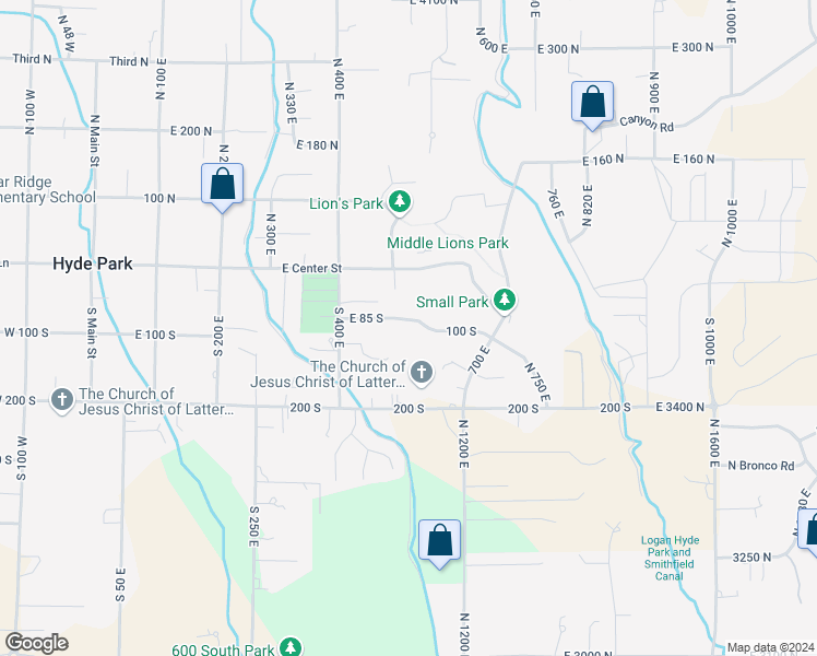 map of restaurants, bars, coffee shops, grocery stores, and more near 520 East 100 South in Hyde Park
