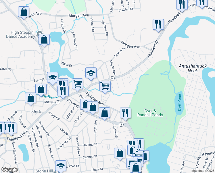 map of restaurants, bars, coffee shops, grocery stores, and more near 75 Pocasset Street in Johnston