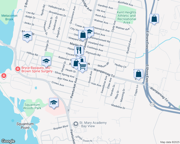 map of restaurants, bars, coffee shops, grocery stores, and more near 53 Wampanoag Trail in East Providence