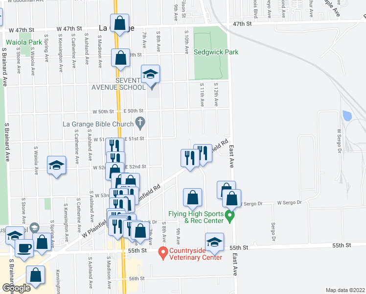 map of restaurants, bars, coffee shops, grocery stores, and more near 5118 Dansher Road in Countryside