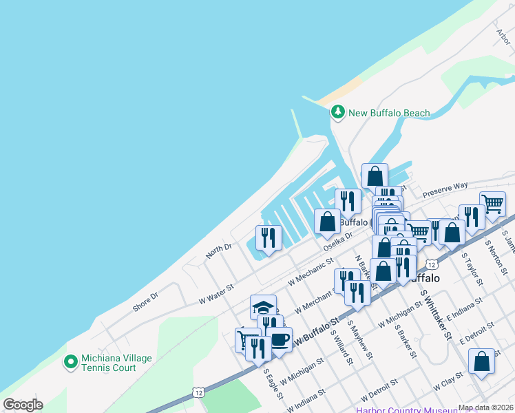 map of restaurants, bars, coffee shops, grocery stores, and more near 512 Lake Drive in New Buffalo