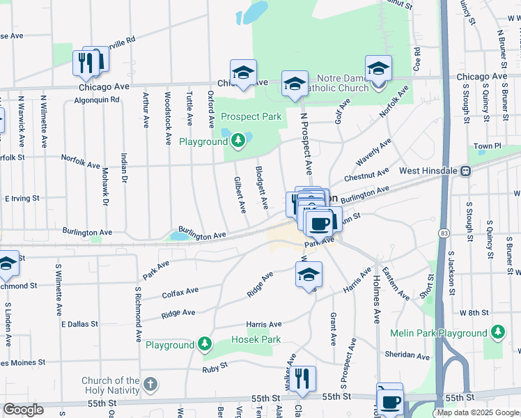 map of restaurants, bars, coffee shops, grocery stores, and more near in Clarendon Hills