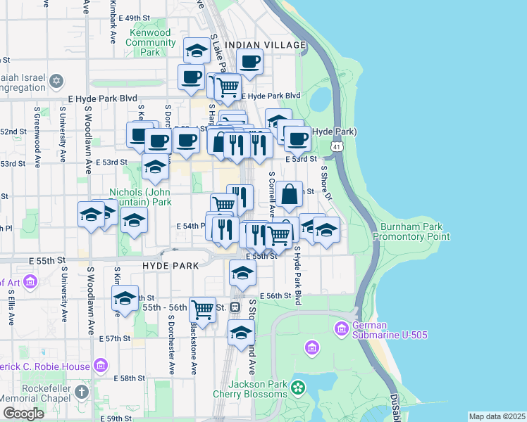 map of restaurants, bars, coffee shops, grocery stores, and more near 5424 South Cornell Avenue in Chicago