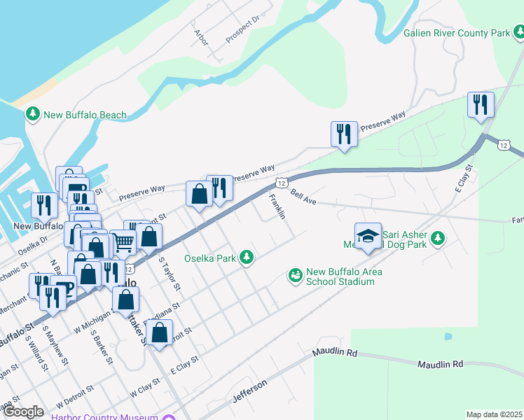 map of restaurants, bars, coffee shops, grocery stores, and more near 15 South Griffith Street in New Buffalo