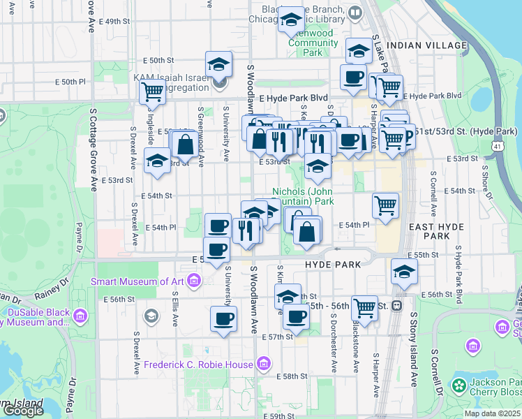 map of restaurants, bars, coffee shops, grocery stores, and more near 5415 South Woodlawn Avenue in Chicago