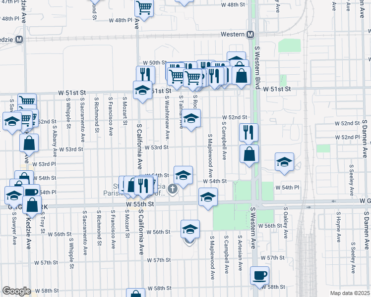 map of restaurants, bars, coffee shops, grocery stores, and more near 5301 South Talman Avenue in Chicago