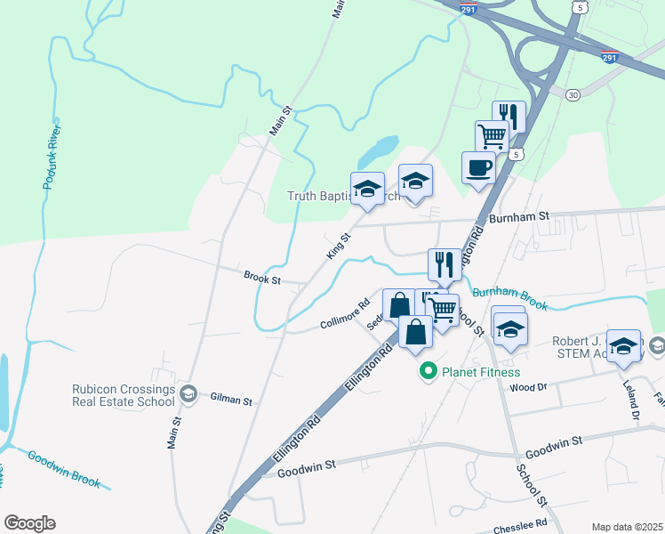 map of restaurants, bars, coffee shops, grocery stores, and more near 330 King Street in East Hartford