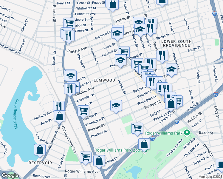 map of restaurants, bars, coffee shops, grocery stores, and more near 108 Adelaide Avenue in Providence