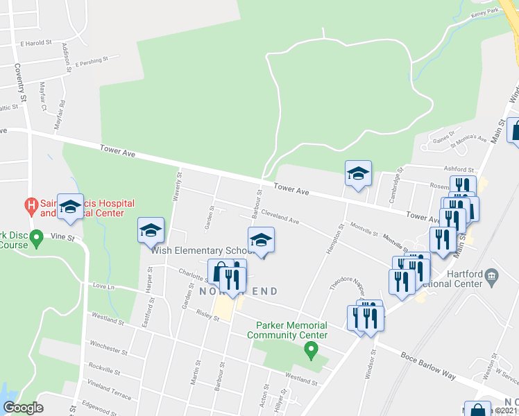 map of restaurants, bars, coffee shops, grocery stores, and more near 262 Cleveland Avenue in Hartford
