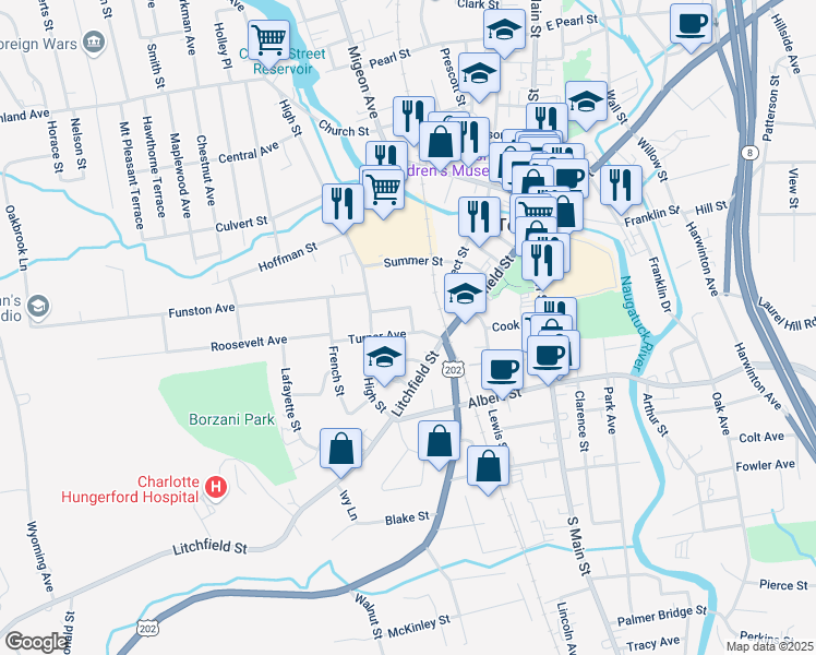 map of restaurants, bars, coffee shops, grocery stores, and more near 53 Cameron Street in Torrington