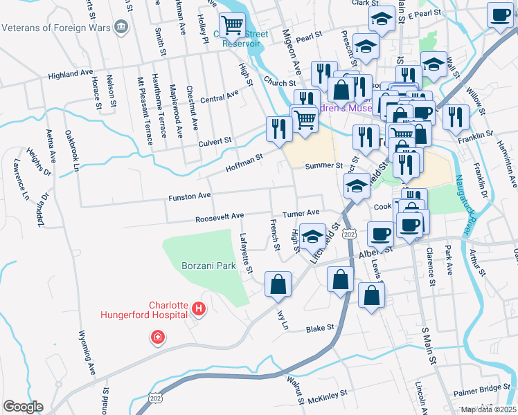 map of restaurants, bars, coffee shops, grocery stores, and more near 28 French Street in Torrington