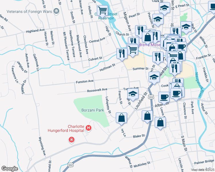 map of restaurants, bars, coffee shops, grocery stores, and more near 107 Funston Avenue in Torrington