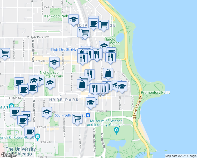 map of restaurants, bars, coffee shops, grocery stores, and more near 5424 South Cornell Avenue in Chicago