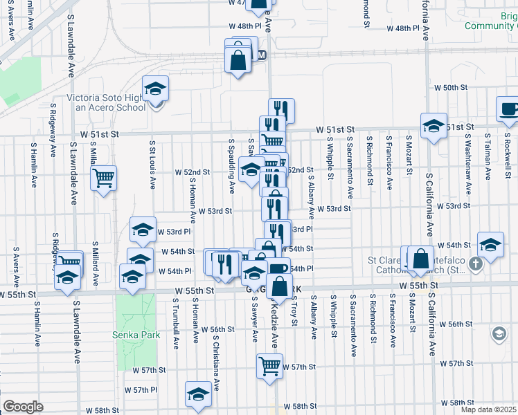 map of restaurants, bars, coffee shops, grocery stores, and more near 5259 South Sawyer Avenue in Chicago