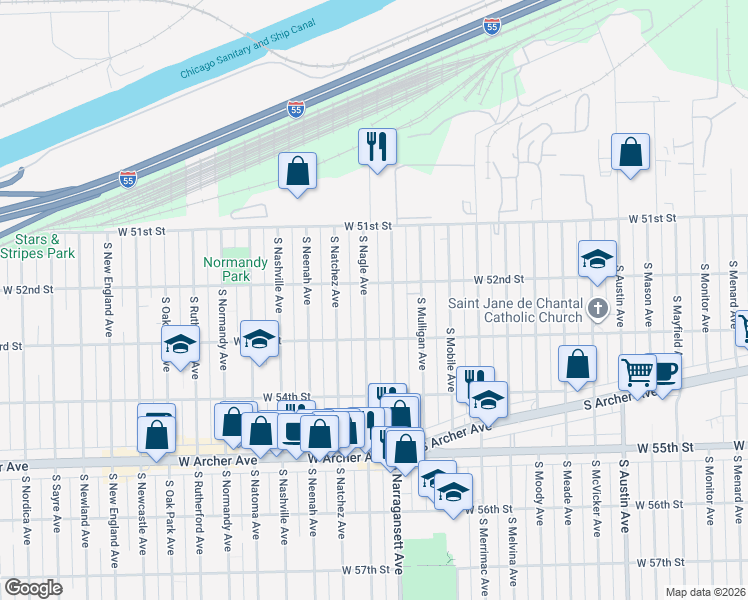 map of restaurants, bars, coffee shops, grocery stores, and more near 5207 South Nagle Avenue in Chicago