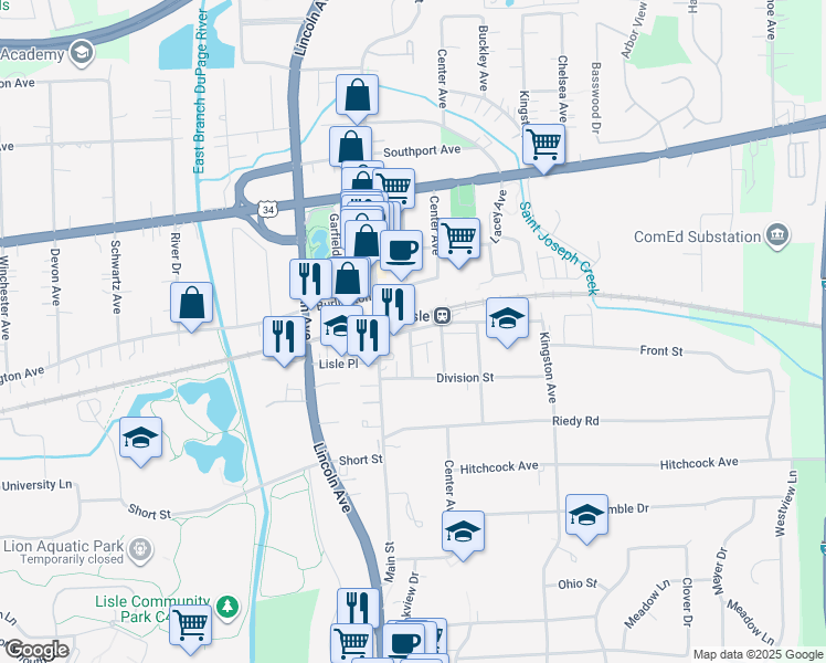 map of restaurants, bars, coffee shops, grocery stores, and more near in Lisle
