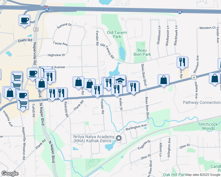 map of restaurants, bars, coffee shops, grocery stores, and more near 4754 Hill Trail Road in Lisle