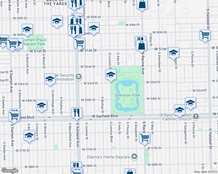 map of restaurants, bars, coffee shops, grocery stores, and more near 5300 South Loomis Boulevard in Chicago