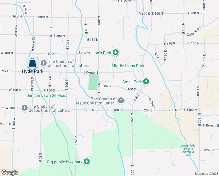 map of restaurants, bars, coffee shops, grocery stores, and more near 460 East 85 South in Hyde Park
