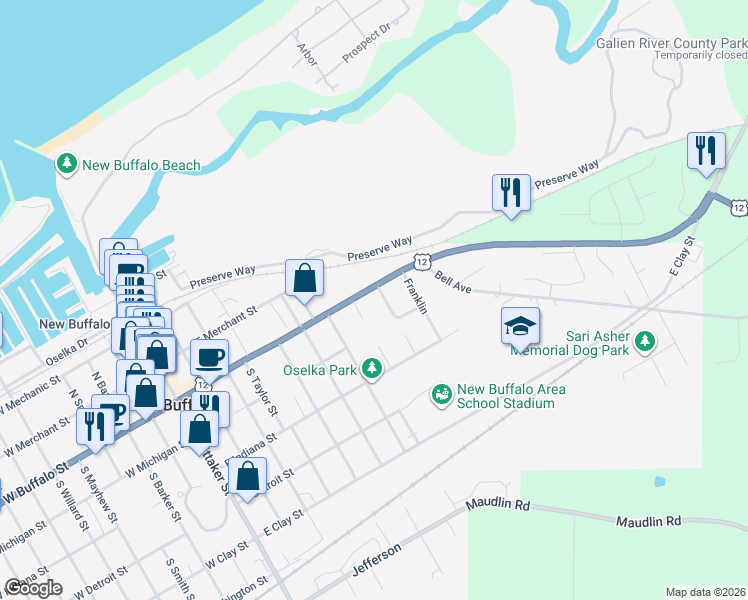 map of restaurants, bars, coffee shops, grocery stores, and more near 15 South Griffith Street in New Buffalo