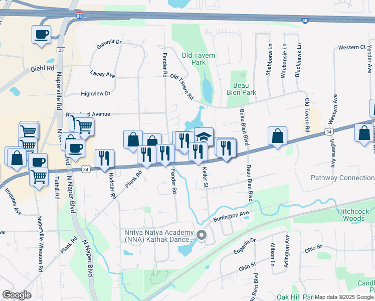 map of restaurants, bars, coffee shops, grocery stores, and more near 4754 Hill Trail Road in Lisle