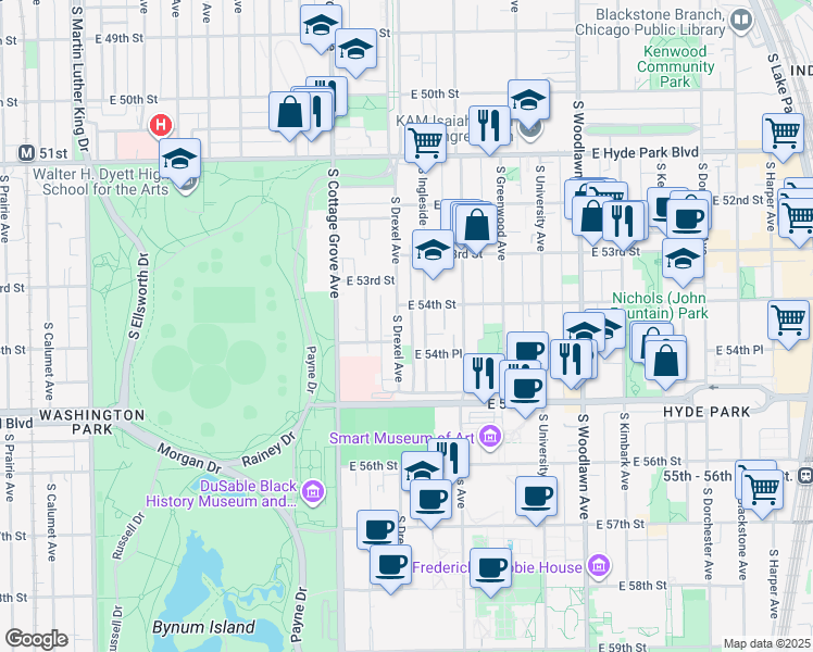 map of restaurants, bars, coffee shops, grocery stores, and more near 5419 South Drexel Avenue in Chicago