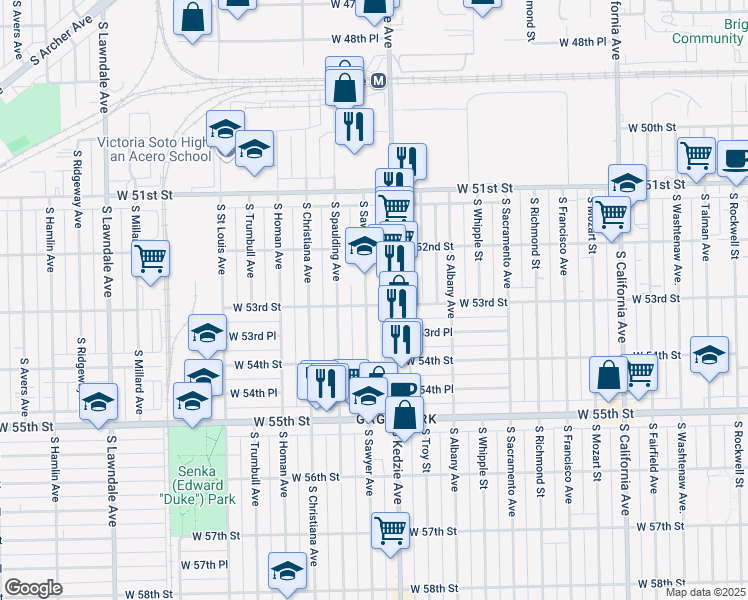 map of restaurants, bars, coffee shops, grocery stores, and more near 5259 South Sawyer Avenue in Chicago