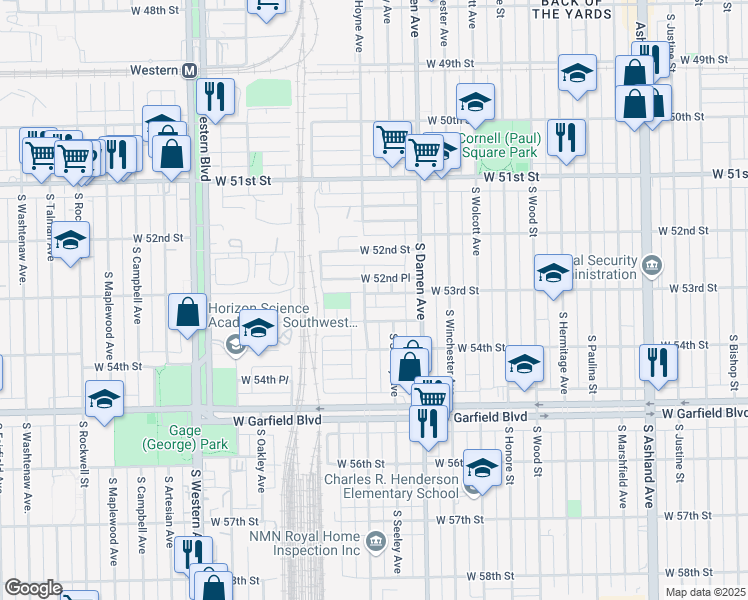 map of restaurants, bars, coffee shops, grocery stores, and more near 2051 West 53rd Street in Chicago