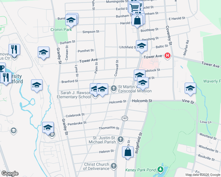 map of restaurants, bars, coffee shops, grocery stores, and more near 309 Cornwall Street in Hartford