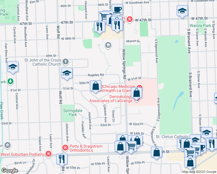 map of restaurants, bars, coffee shops, grocery stores, and more near 207 51st Street in Western Springs