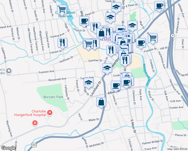 map of restaurants, bars, coffee shops, grocery stores, and more near 53 Cameron Street in Torrington