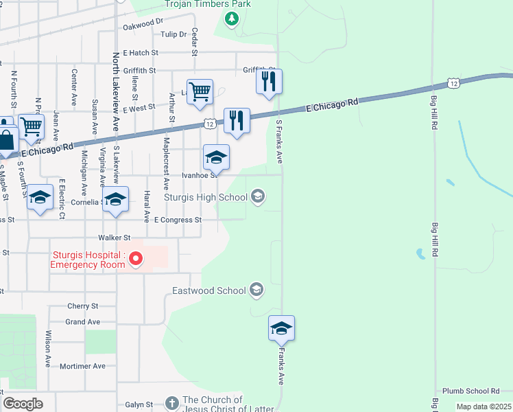 map of restaurants, bars, coffee shops, grocery stores, and more near 216 Vinewood Avenue in Sturgis